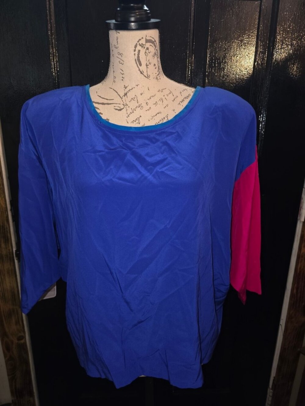 Char Womens 100% Silk Colorblock Tunic Top Blue & Pink 3/4 Sleeves Size L
